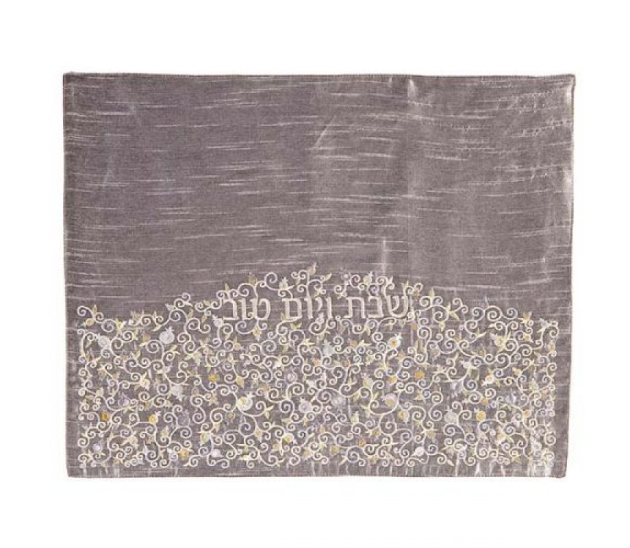 Embroidered Challah Cover, Silver Pomegranates on Silver - Yair Emanuel