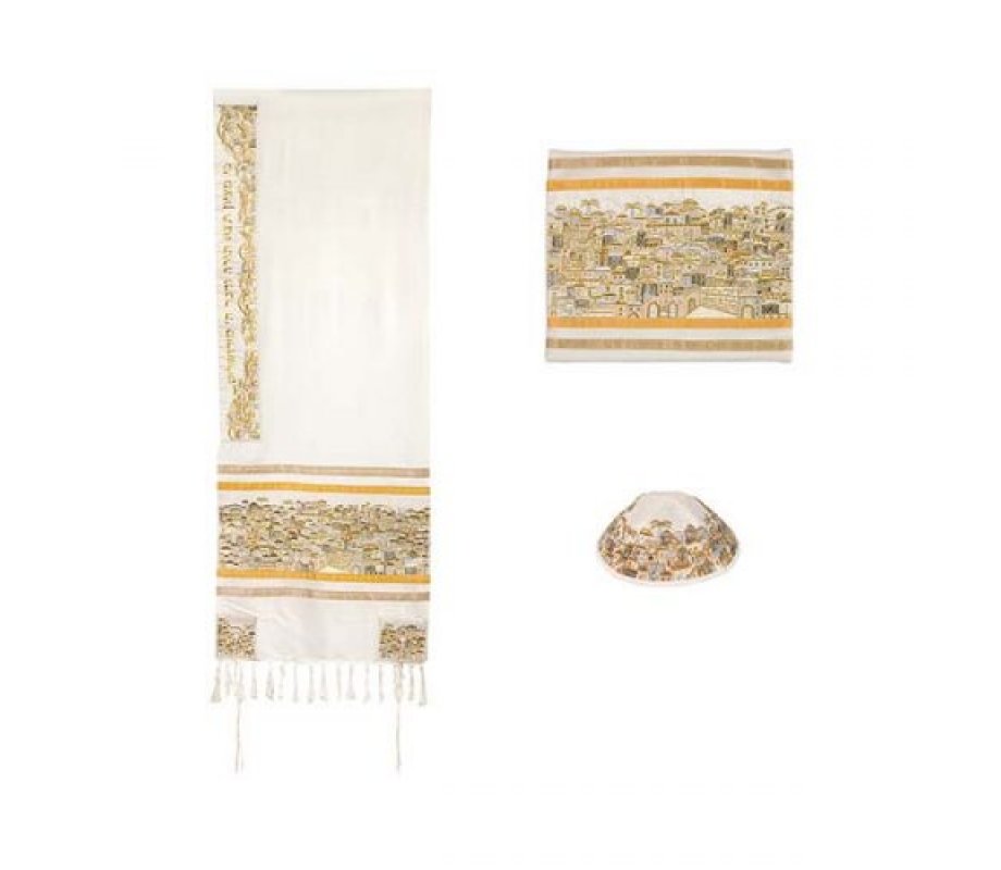 Embroidered Cotton Tallit Set, Jerusalem in Gold and Silver - Yair Emanuel