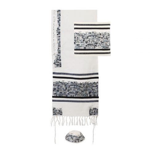 Embroidered Cotton Tallit Set, Jerusalem in Gray - Yair Emanuel