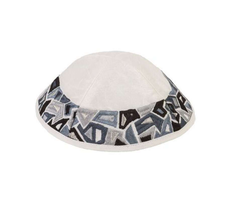 Embroidered Kippah, Black and Gray Geometric Shapes on Cream - Yair Emanuel