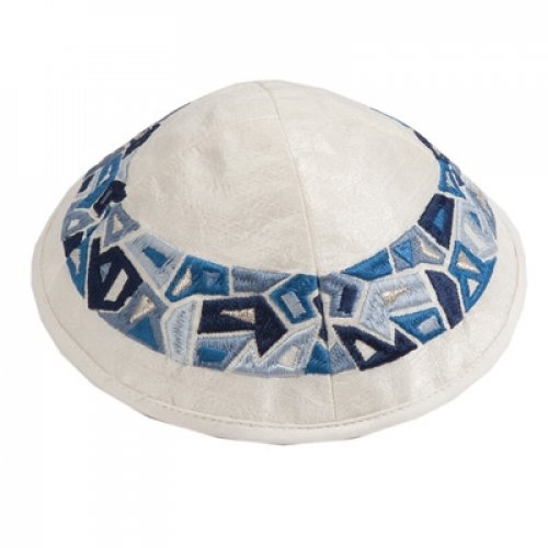 Embroidered Kippah, Blue Geometric Shapes Design on Cream - Yair Emanuel