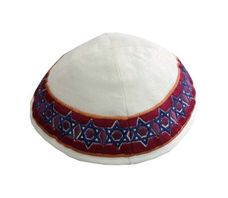 Embroidered Kippah, Blue and Maroon Stars of David - Yair Emanuel