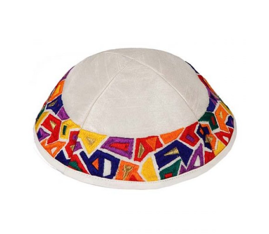 Embroidered Kippah, Colorful Geometric Shapes on Cream - Yair Emanuel