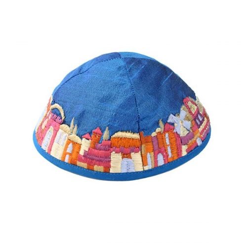 Embroidered Kippah, Colorful Jerusalem Images on Blue - Yair Emanuel