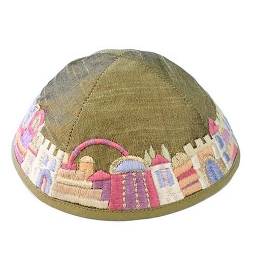 Embroidered Kippah, Colorful Jerusalem Images on Gold - Yair Emanuel