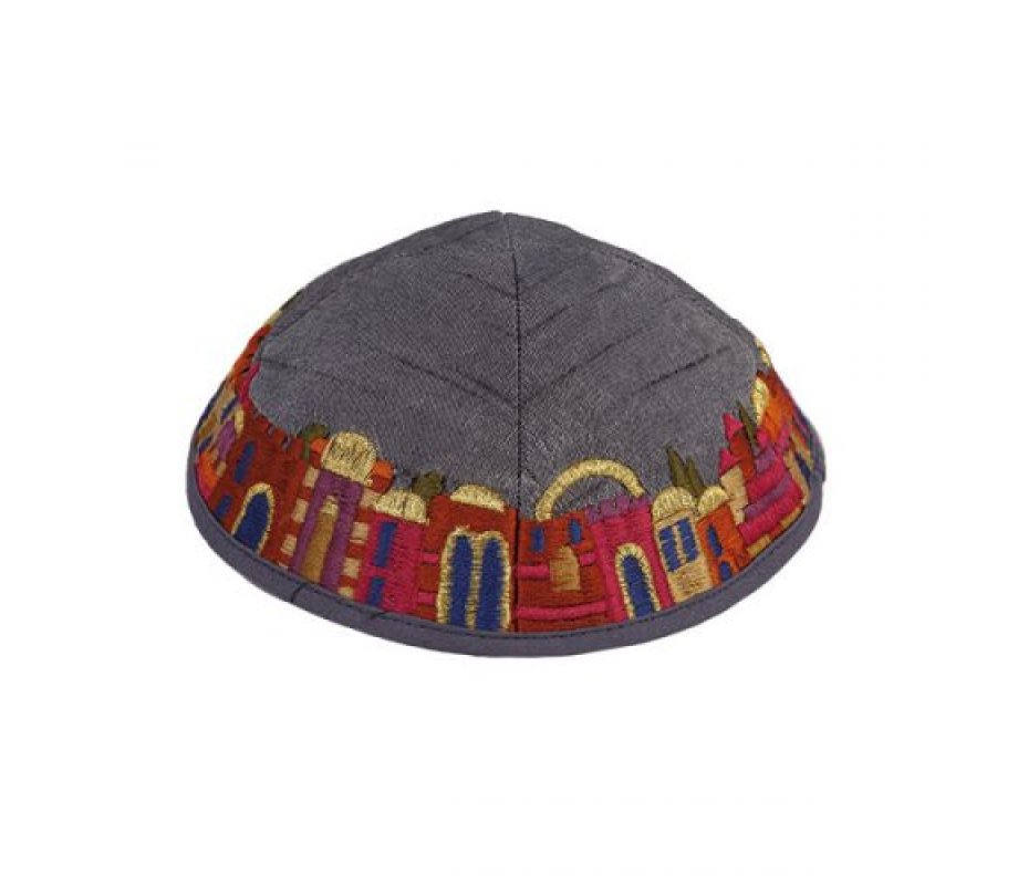 Embroidered Kippah Colorful Jerusalem Images on Gray - Yair Emanuel