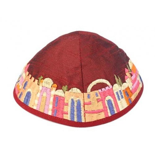 Embroidered Kippah, Colorful Jerusalem Images on Maroon - Yair Emanuel