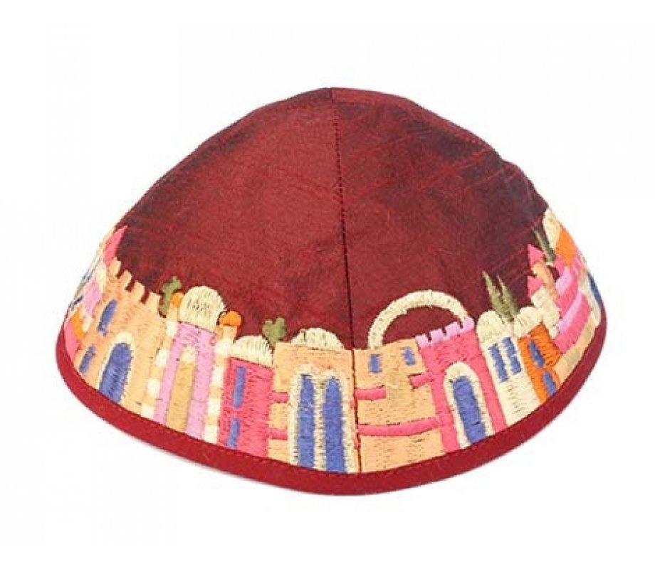 Embroidered Kippah, Colorful Jerusalem Images on Maroon - Yair Emanuel