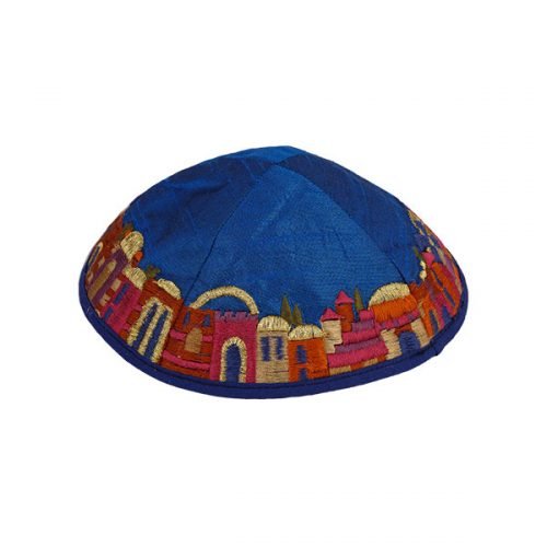Embroidered Kippah, Colorful Jerusalem Images on Royal Blue - Yair Emanuel
