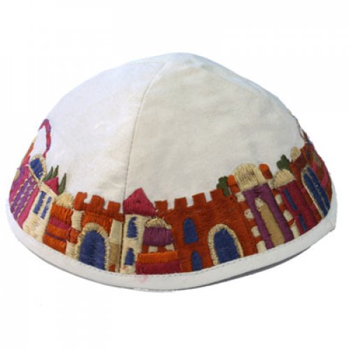 Embroidered Kippah, Colorful Jerusalem Images on White - Yair Emanuel
