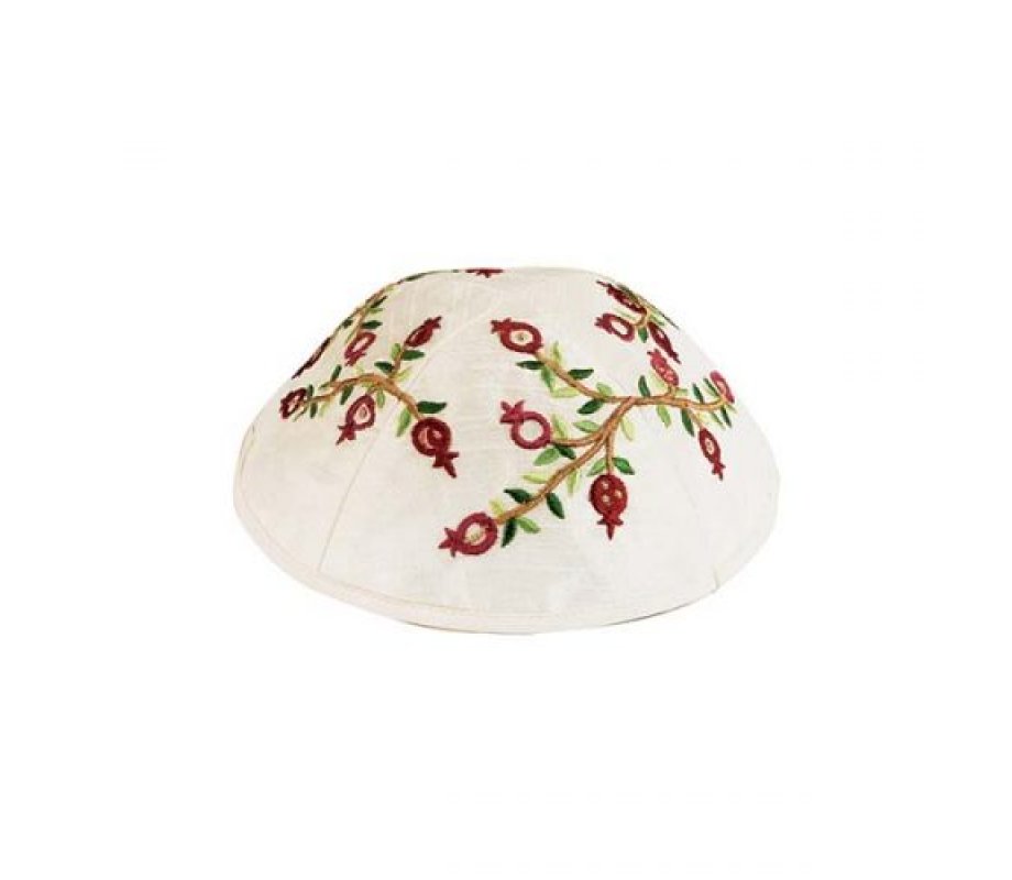 Embroidered Kippah, Dark Red Pomegranate on White - Yair Emanuel