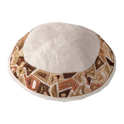 Embroidered Kippah, Gold Geometric Shapes on Cream - Yair Emanuel