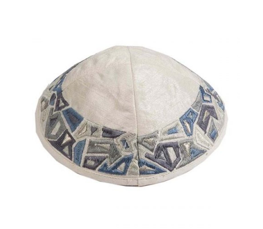 Embroidered Kippah, Gray Geometric Shapes on Cream - Yair Emanuel
