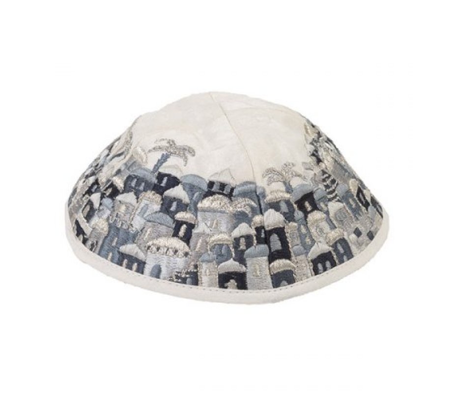 Embroidered Kippah, Jerusalem Vistas in Black and Gray - Yair Emanuel