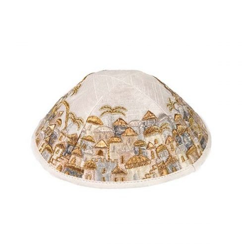 Embroidered Kippah, Jerusalem Vistas in Gold and Silver - Yair Emanuel