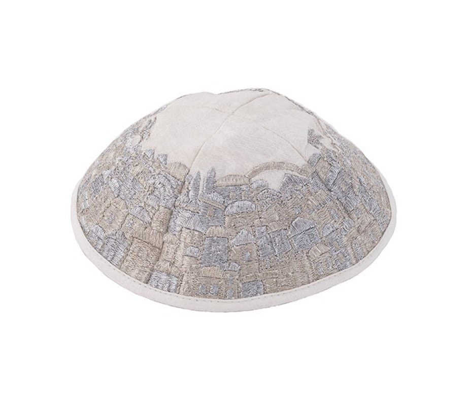 Embroidered Kippah, Jerusalem Vistas in Silver - Yair Emanuel