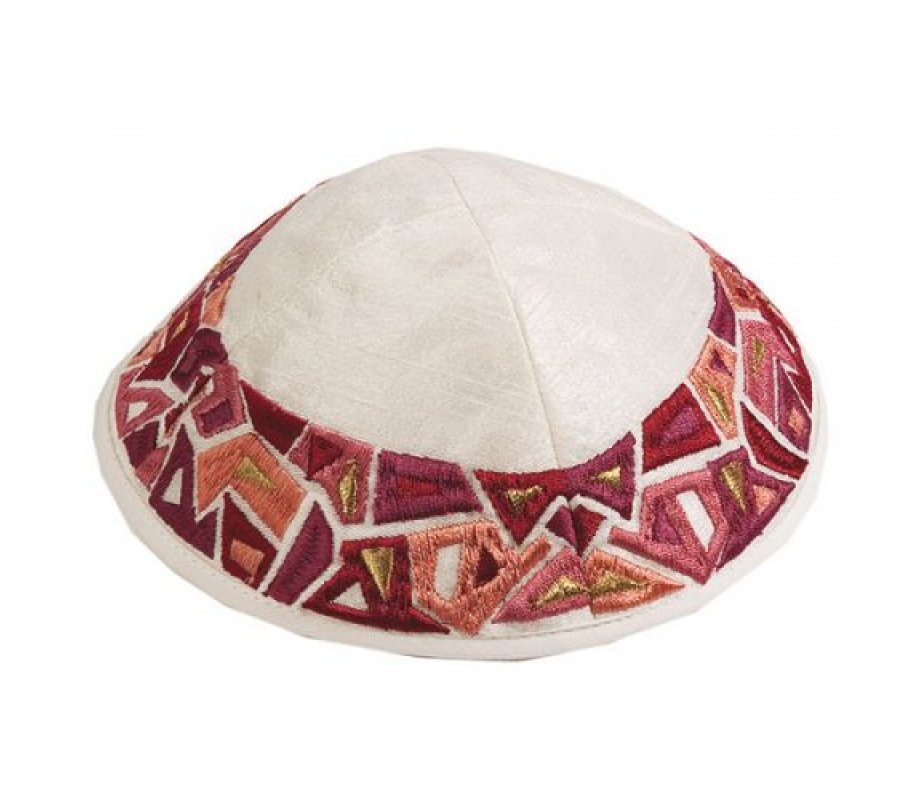 Embroidered Kippah, Maroon Geometric Shapes Design on Cream - Yair Emanuel
