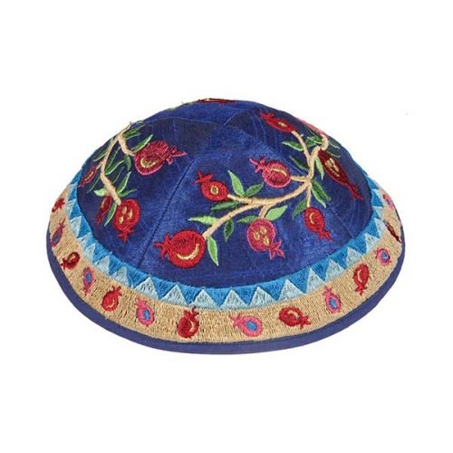 Embroidered Kippah, Pomegranate Design in Blue and Red - Yair Emanuel