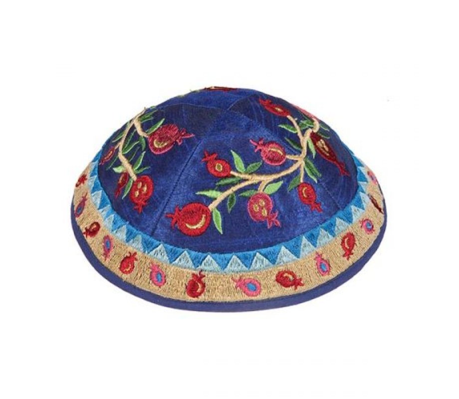 Embroidered Kippah, Pomegranate Design in Blue and Red - Yair Emanuel