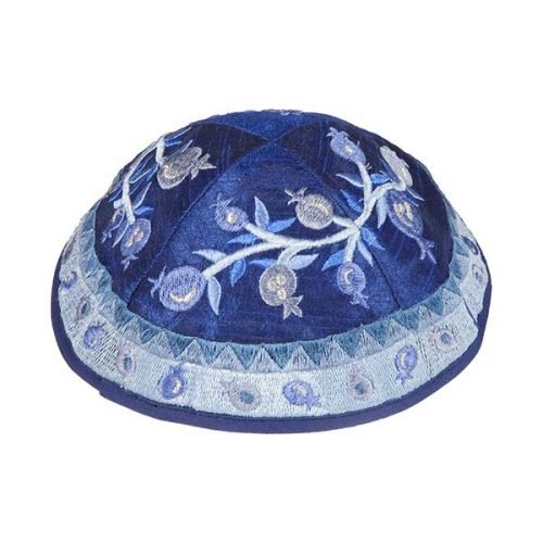Embroidered Kippah, Pomegranate Design in Shades of Blue - Yair Emanuel