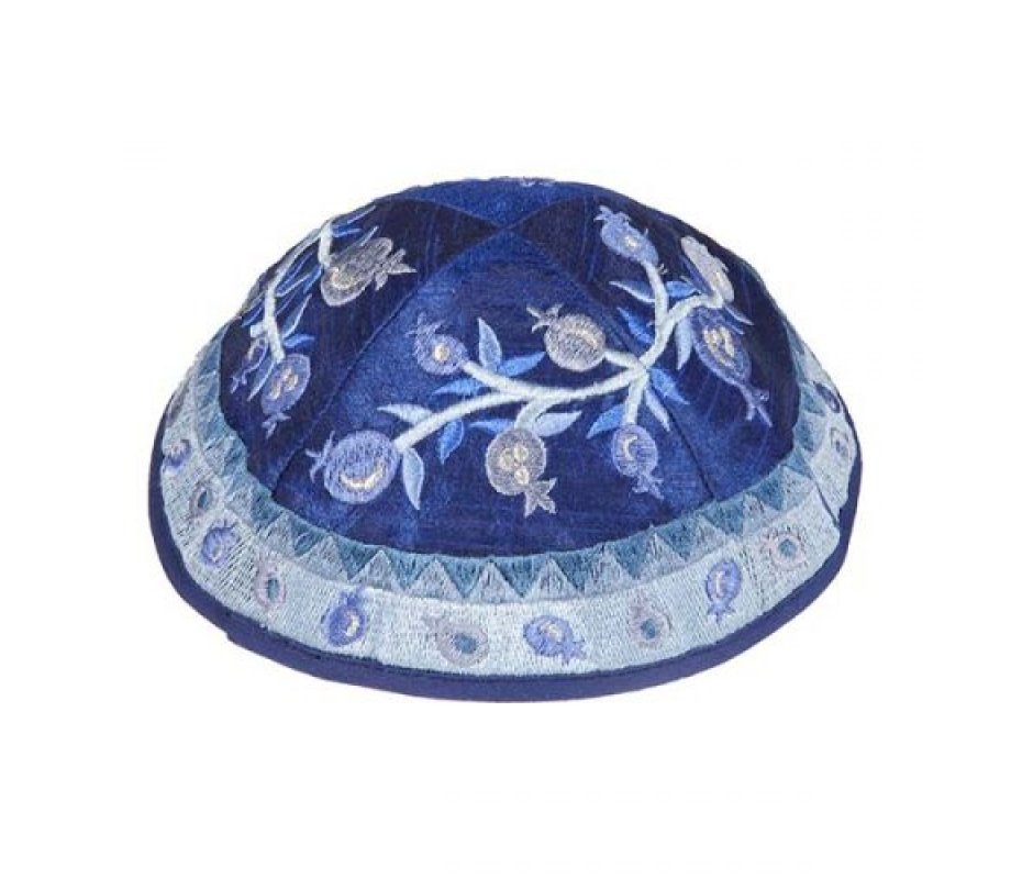 Embroidered Kippah, Pomegranate Design in Shades of Blue - Yair Emanuel