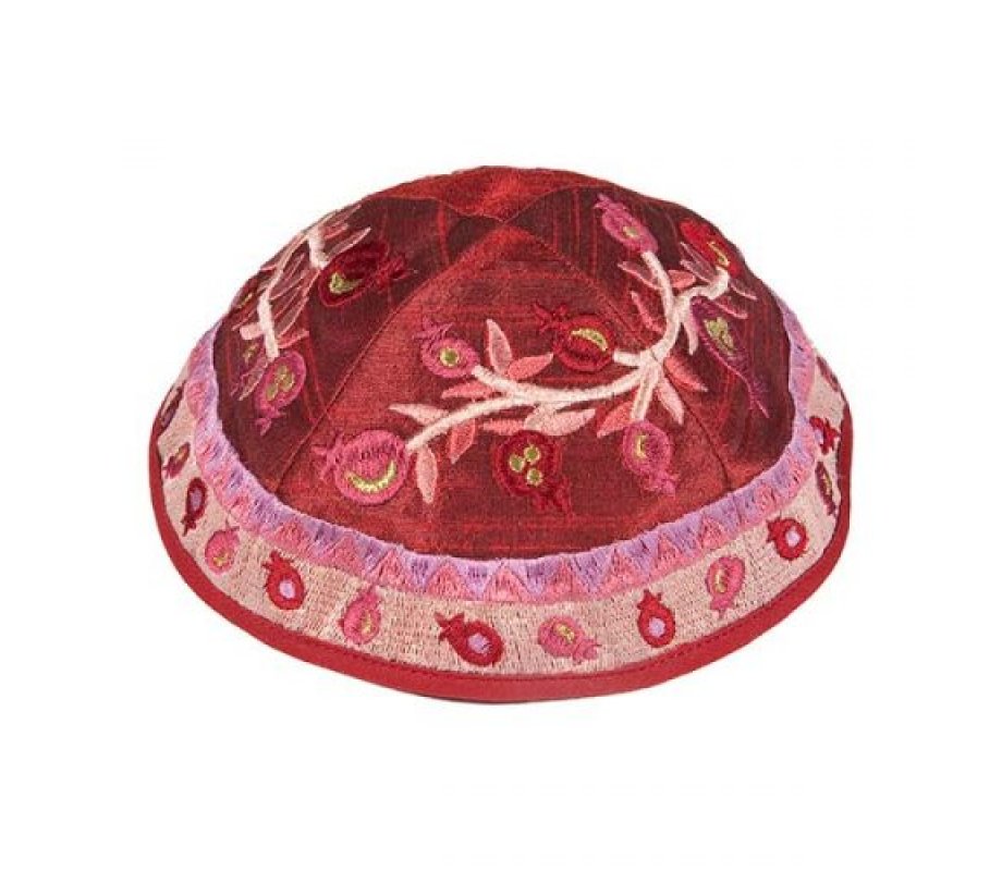 Embroidered Kippah, Pomegranates Design in Maroon and Pink - Yair Emanuel
