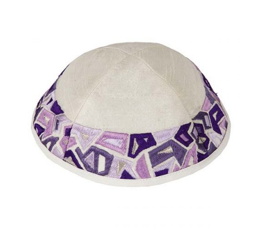 Embroidered Kippah, Purple Geometric Shapes on Cream - Yair Emanuel