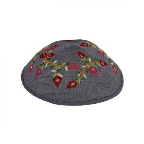 Embroidered Kippah, Red Pomegranates on Gray - Yair Emanuel