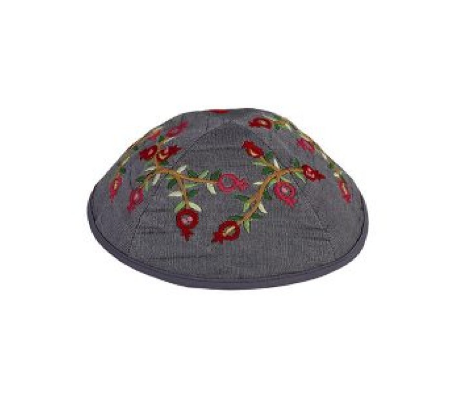 Embroidered Kippah, Red Pomegranates on Gray - Yair Emanuel