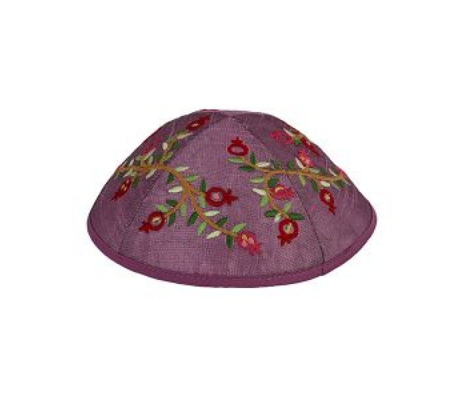 Embroidered Kippah, Red Pomegranates on Purple - Yair Emanuel