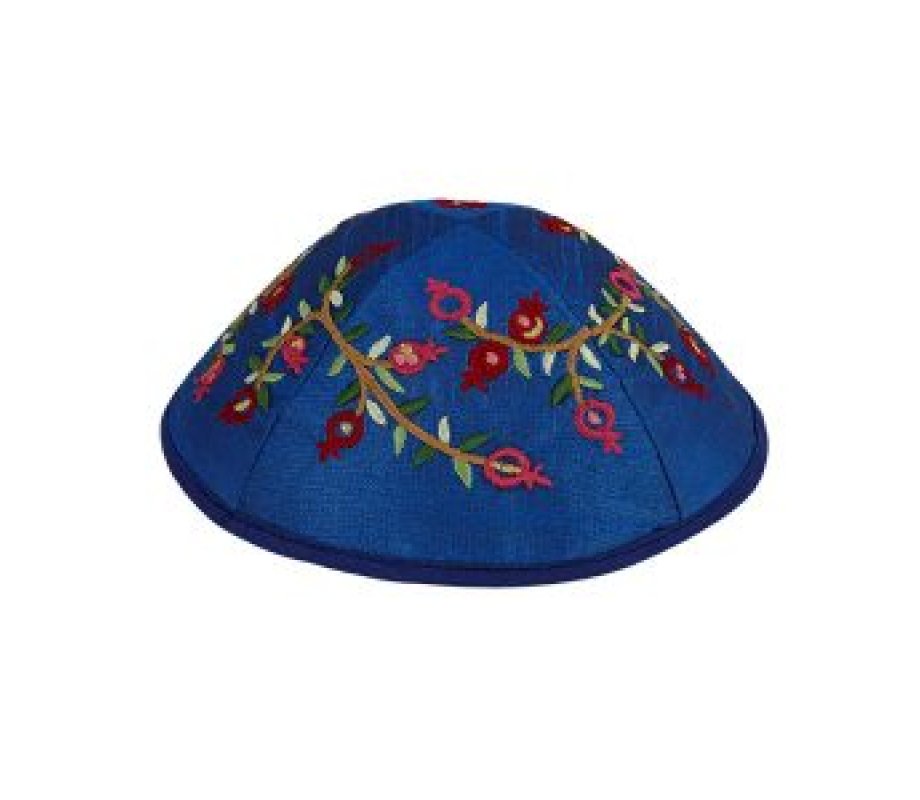Embroidered Kippah, Red Pomegranates on Royal Blue - Yair Emanuel