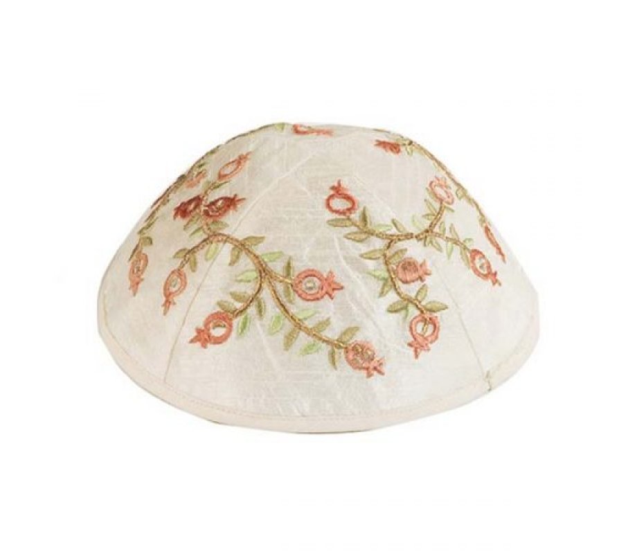 Embroidered Kippah, Red and Pink Pomegranates on White - Yair Emanuel