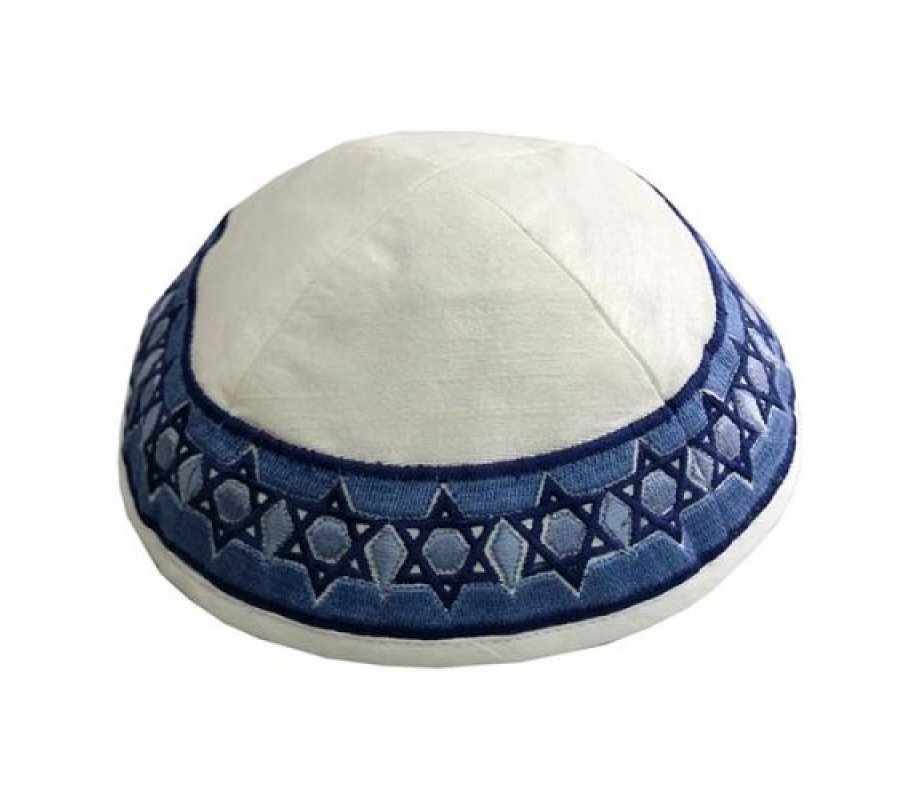 Embroidered Kippah, Stars of David in Blue on Cream - Yair Emanuel