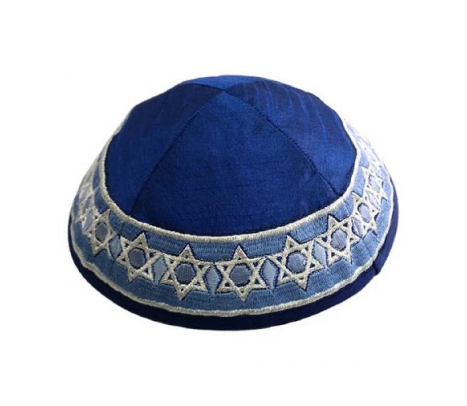 Embroidered Kippah, Stars of David on Blue - Yair Emanuel