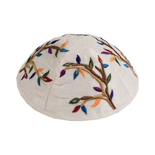 Embroidered Kippah, Tree of Life - Colorful Design on Cream