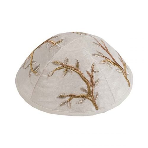 Embroidered Kippah Tree of Life Design, Gold and Silver on Cream - Yair Emanuel