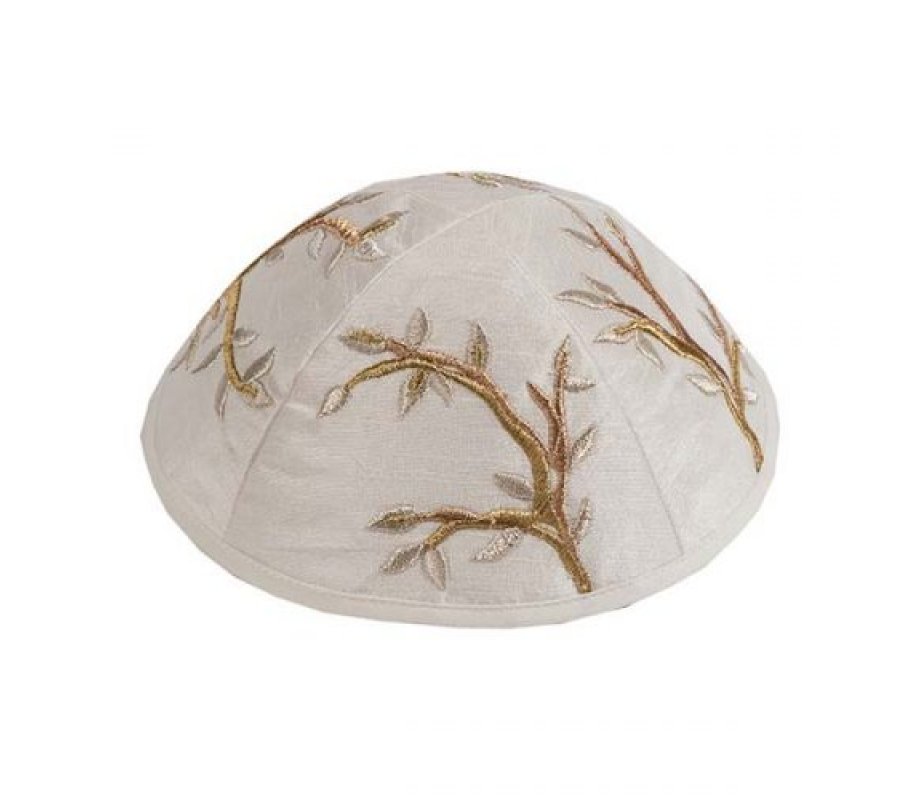Embroidered Kippah Tree of Life Design, Gold and Silver on Cream - Yair Emanuel