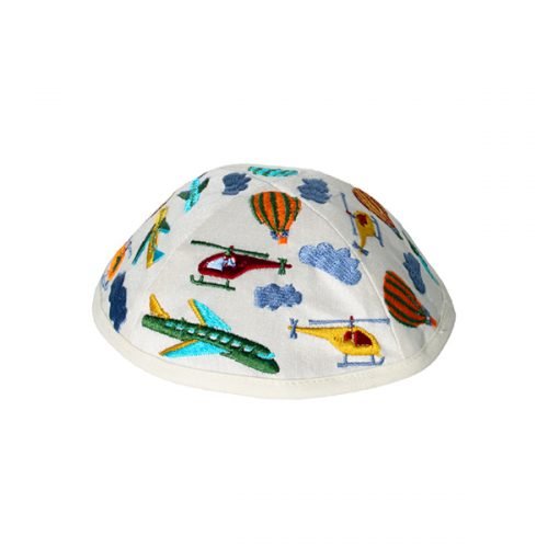 Embroidered Kippah for Children, Airplanes on White - Yair Emanuel