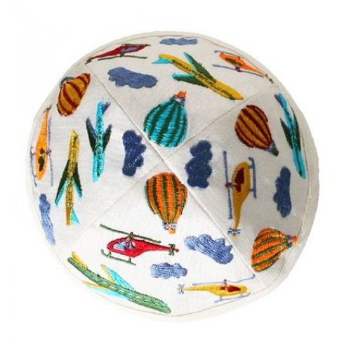 Embroidered Kippah for Children, Airplanes on White - Yair Emanuel