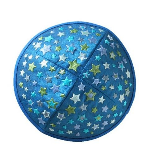 Embroidered Kippah for Children, Colorful Stars on Blue - Yair Emanuel