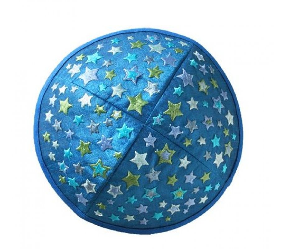 Embroidered Kippah for Children, Colorful Stars on Blue - Yair Emanuel