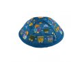 Embroidered Kippah for Children, Colorful Trains on Blue - Yair Emanuel