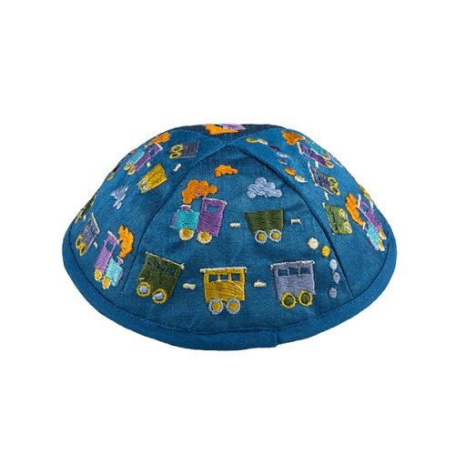 Embroidered Kippah for Children, Colorful Trains on Blue - Yair Emanuel