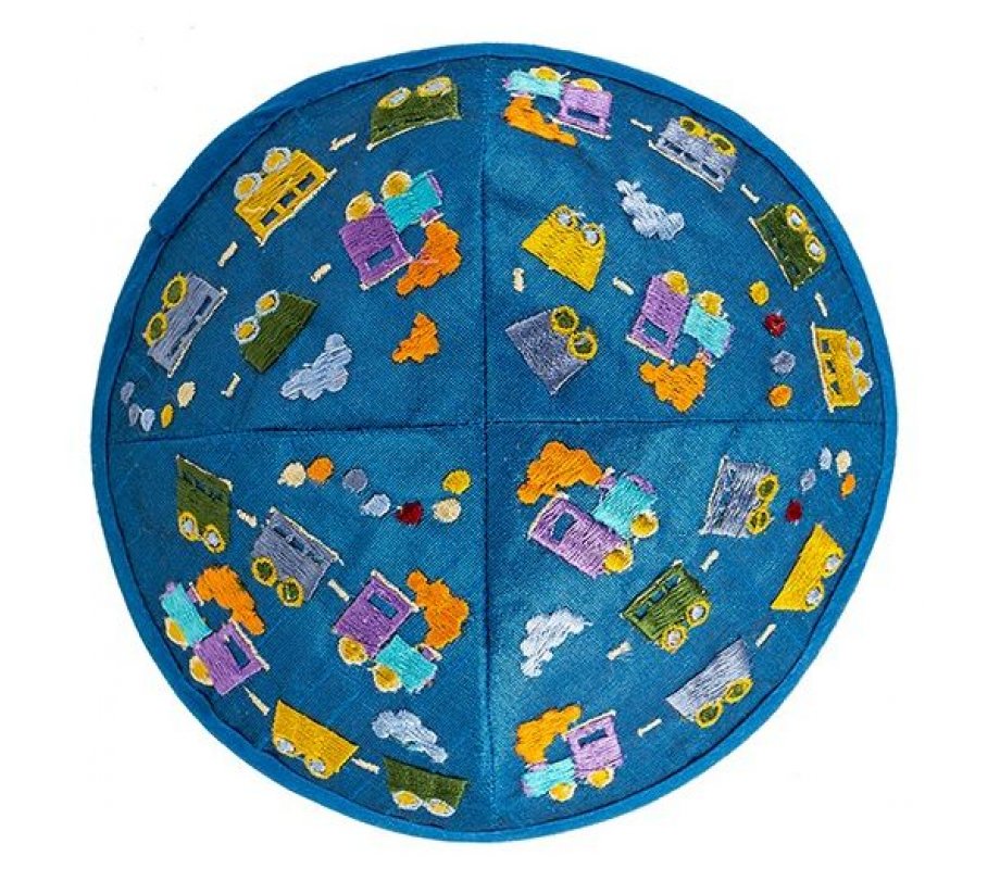Embroidered Kippah for Children, Colorful Trains on Blue - Yair Emanuel