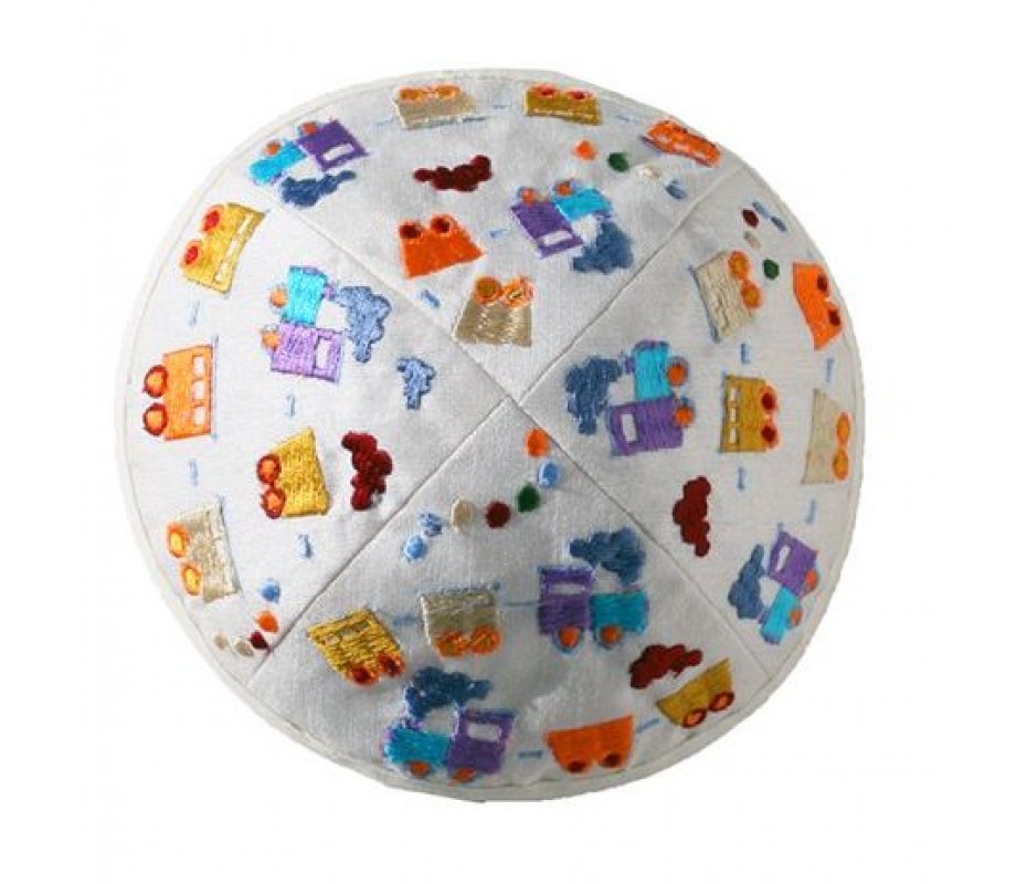 Embroidered Kippah for Children, Colorful Trains on White - Yair Emanuel