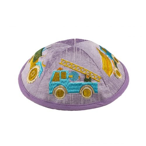 Embroidered Kippah for Children, Colorful Trucks on Lilac - Yair Emanuel