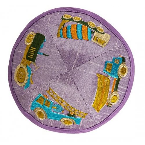 Embroidered Kippah for Children, Colorful Trucks on Lilac - Yair Emanuel
