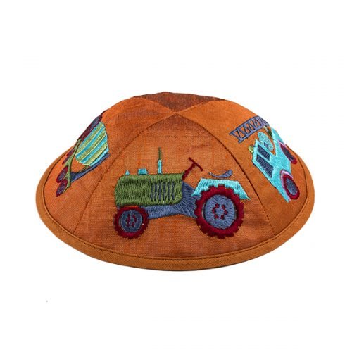 Embroidered Kippah for Children, Colorful Trucks on Orange - Yair Emanuel