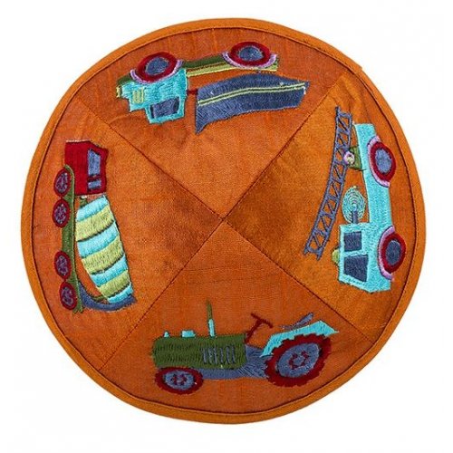 Embroidered Kippah for Children, Colorful Trucks on Orange - Yair Emanuel