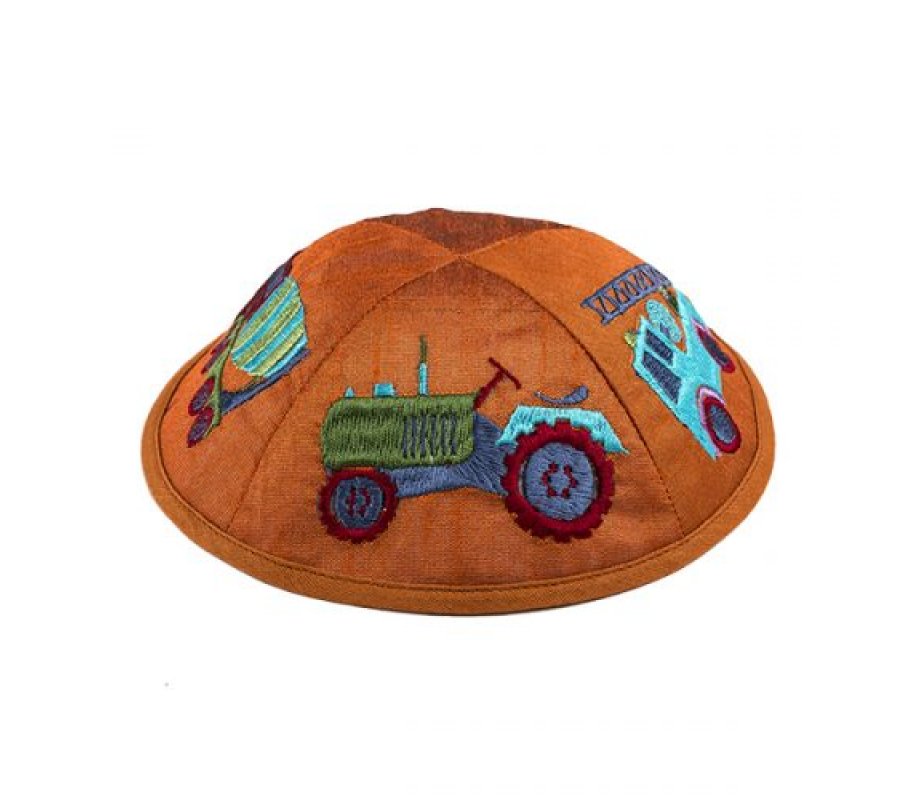 Embroidered Kippah for Children, Colorful Trucks on Orange - Yair Emanuel